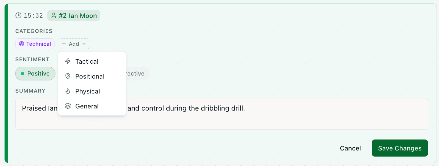 Coach editing a feedback item with category dropdown, sentiment selector, and summary text fields