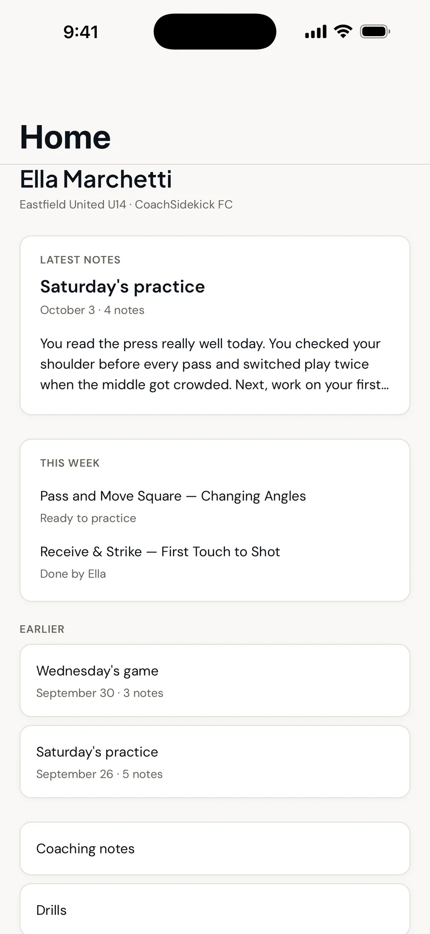 Ella's family's home screen in the Coach Sidekick app: Saturday's note from her coach, and this week's drills.